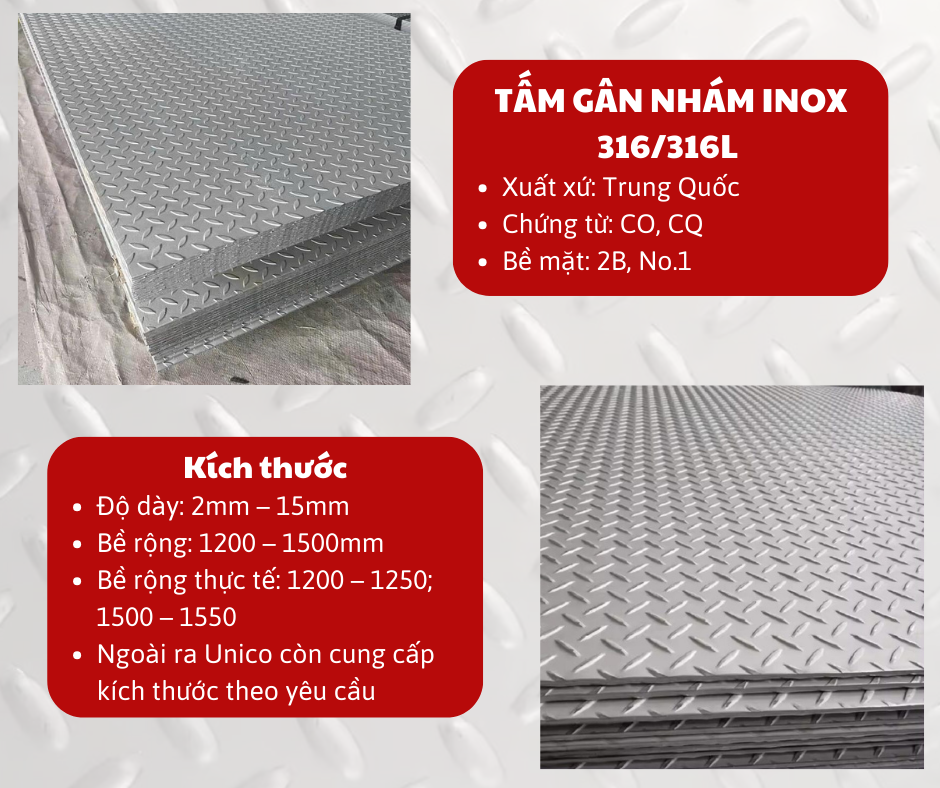 Tấm gân nhám inox 316/316L - Unico Steel